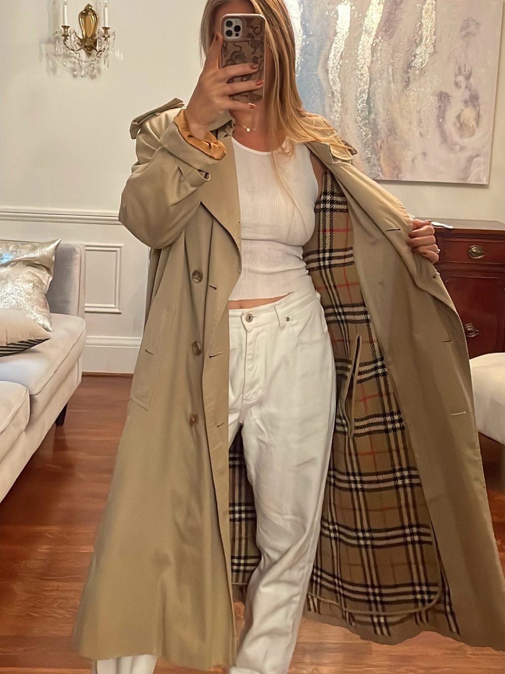 Vintage Burberrys Long Trench Coat Nova Check Lined Beige Size 38R